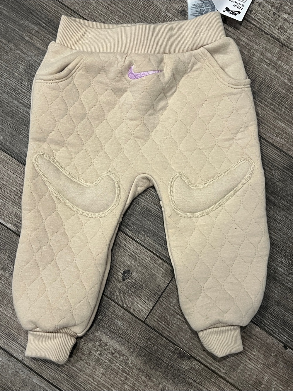 Nike Toddler Quilted Fleece Sweatpants in Beige with Pink Logo